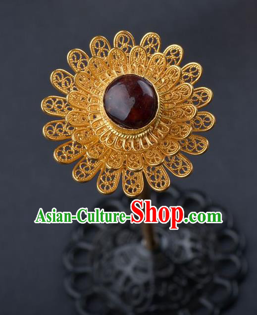 China Traditional Ming Dynasty Palace Hairpin Ancient Empress Golden Flower Hair Stick Handmade Ruby Hair Jewelry