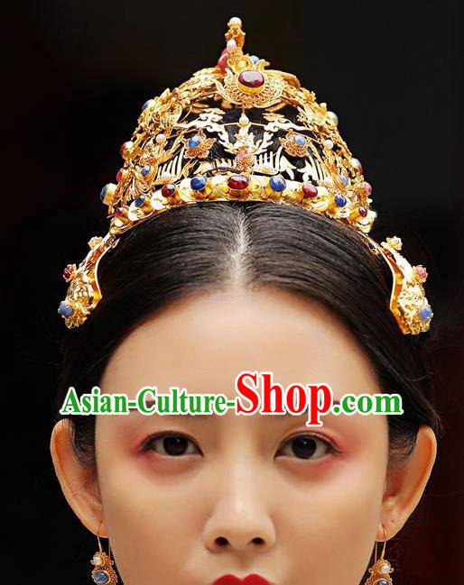 China Ancient Empress Gems Hair Crown Handmade Palace Hair Jewelry Traditional Ming Dynasty Hairpin Coronet