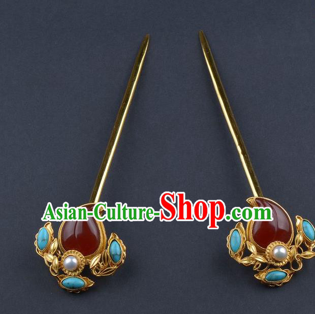 China Ancient Empress Agate Peach Hair Stick Handmade Palace Hair Jewelry Traditional Qing Dynasty Court Hairpin