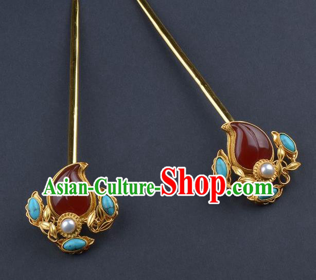 China Ancient Empress Agate Peach Hair Stick Handmade Palace Hair Jewelry Traditional Qing Dynasty Court Hairpin