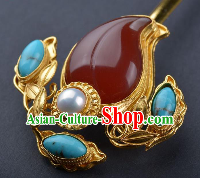 China Ancient Empress Agate Peach Hair Stick Handmade Palace Hair Jewelry Traditional Qing Dynasty Court Hairpin