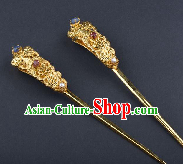 Traditional China Ming Dynasty Court Hairpin Handmade Palace Hair Ornament Ancient Empress Golden Phoenix Peony Hair Stick