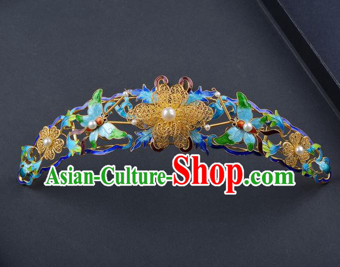 Traditional China Ancient Empress Filigree Golden Hairpin Handmade Palace Hair Ornament Qing Dynasty Enamel Butterfly Hair Crown