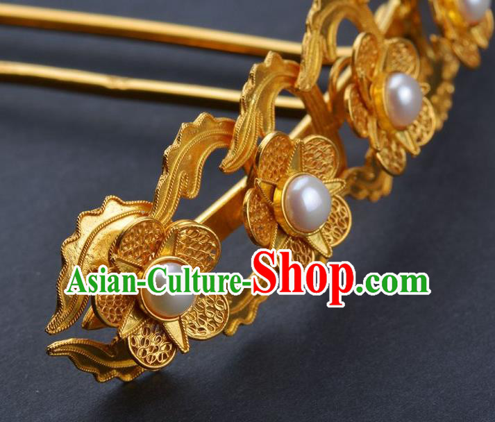 Traditional China Ancient Empress Pearls Hairpin Ming Dynasty Hair Stick Handmade Palace Hair Ornament Hair Crown