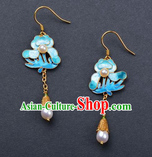 Handmade Chinese Enamel Peony Earrings Ancient Empress Pearl Jewelry Traditional Qing Dynasty Court Ear Accessories