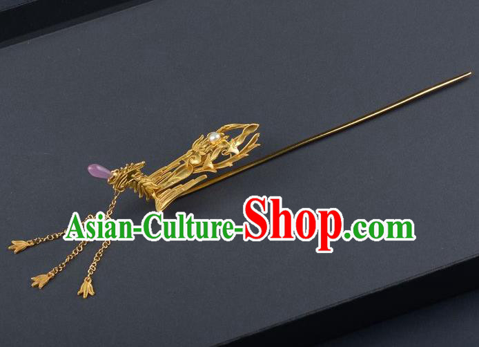 Traditional China Ming Dynasty Hair Stick Handmade Palace Hair Ornament Ancient Empress Golden Phoenix Tassel Hairpin