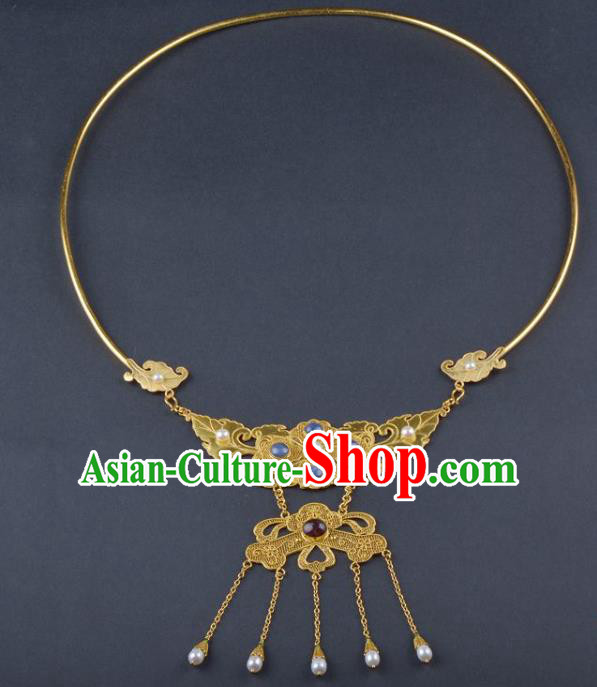 Handmade Chinese Golden Peony Nacklace Traditional Ming Dynasty Court Gems Accessories Ancient Empress Jewelry