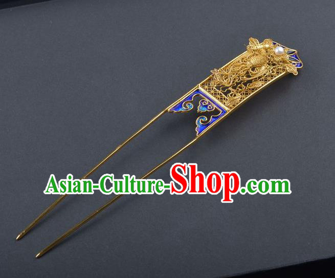 Traditional China Qing Dynasty Blueing Hair Stick Handmade Palace Hair Ornament Ancient Empress Filigree Phoenix Hairpin