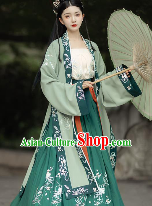 China Song Dynasty Young Lady Historical Clothing Ancient Village Girl Costumes Traditional Green Hanfu Dress