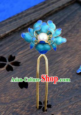 Traditional China Qing Dynasty Palace Enamel Peony Hairpin Handmade Hair Ornament Ancient Empress Pearl Hair Stick