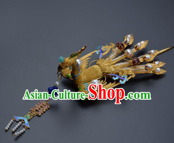 Traditional China Ancient Empress Pearls Hair Stick Qing Dynasty Palace Filigree Phoenix Hairpin Handmade Hair Ornament