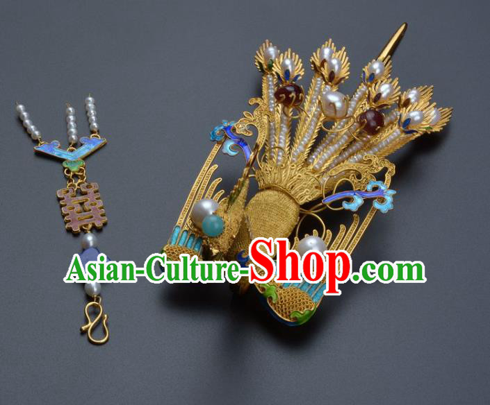 Traditional China Ancient Empress Pearls Hair Stick Qing Dynasty Palace Filigree Phoenix Hairpin Handmade Hair Ornament