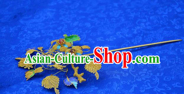 Traditional China Ancient Empress Filigree Golden Hair Stick Handmade Hair Ornament Qing Dynasty Palace Ruby Hairpin