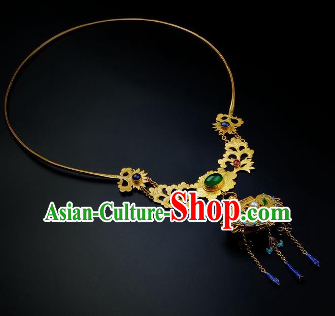 Handmade Chinese Traditional Ming Dynasty Golden Lotus Necklace Accessories Ancient Empress Gems Necklet Jewelry