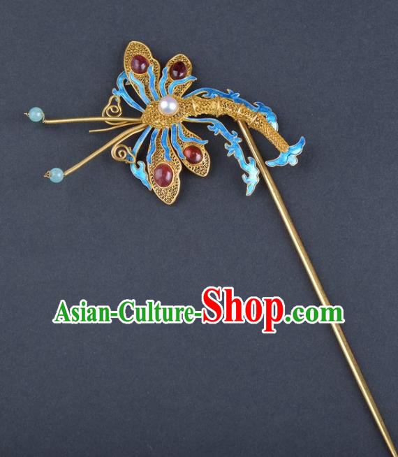 Traditional China Handmade Ruby Hair Ornament Qing Dynasty Palace Hairpin Ancient Empress Enamel Dragonfly Hair Stick