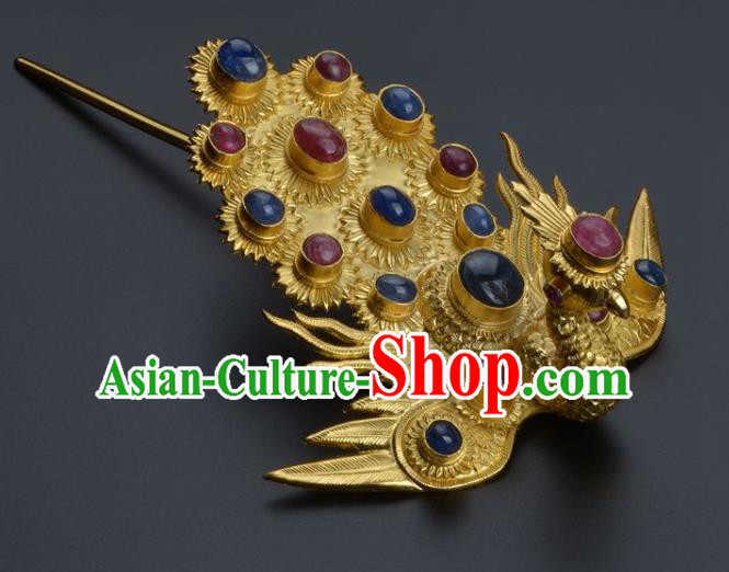 Traditional China Handmade Gems Hair Ornament Ming Dynasty Palace Hairpin Ancient Empress Golden Phoenix Hair Crown