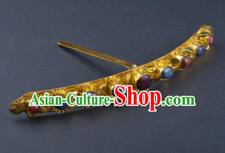 Traditional China Ming Dynasty Palace Hairpin Ancient Empress Golden Hair Crown Handmade Gems Hair Ornament