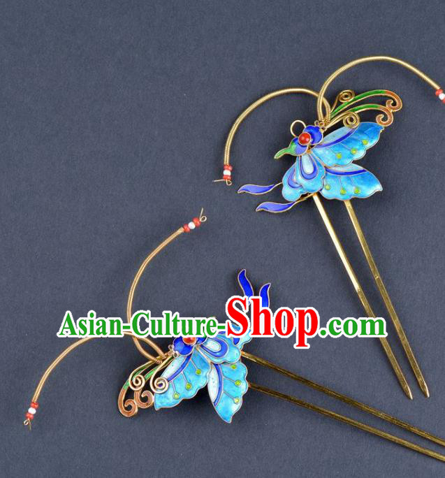 Traditional China Qing Dynasty Palace Hair Stick Handmade Hair Ornament Ancient Empress Enamel Butterfly Hairpin