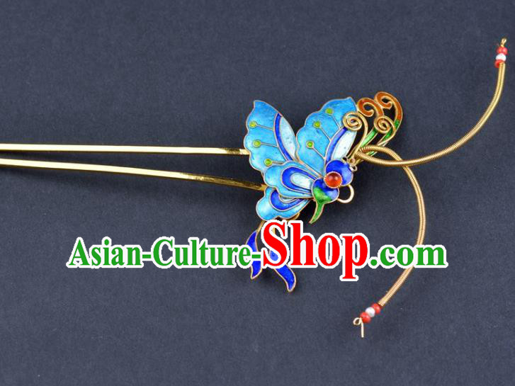 Traditional China Qing Dynasty Palace Hair Stick Handmade Hair Ornament Ancient Empress Enamel Butterfly Hairpin