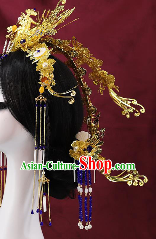 Traditional China Wedding Phoenix Coronet Ancient Empress Golden Hair Crown Handmade Hair Ornament