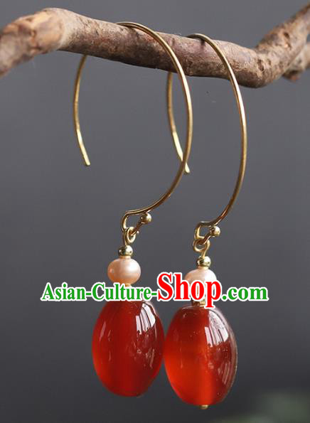 Handmade Chinese Ancient Empress Pearl Earrings Traditional Wedding Agate Ear Accessories