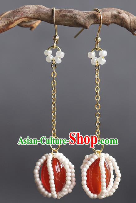 Handmade Chinese Traditional Wedding Red Agate Ear Accessories Ancient Empress Beads Earrings