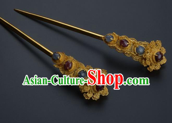 Traditional China Ming Dynasty Palace Gems Hair Stick Handmade Hair Ornament Ancient Empress Golden Peony Hairpin