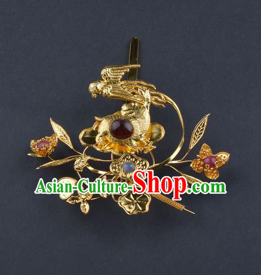 Traditional China Ming Dynasty Palace Ruby Hairpin Handmade Hair Ornament Ancient Empress Golden Rabbit Hair Crown