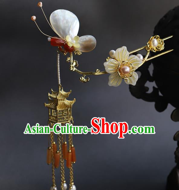 Chinese Hanfu Tassel Hairpin Traditional Wedding Hair Accessories Ancient Bride Shell Butterfly Hair Stick