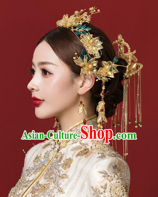 Traditional China Handmade Hair Ornament Wedding Tassel Hairpins Ancient Empress Yellow Lotus Hair Crown Full Set