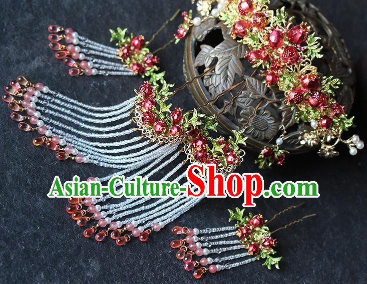 Traditional China Handmade Red Pomegranate Hair Crown Wedding Hair Ornament Ancient Bride Tassel Hairpins Full Set