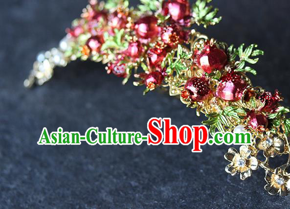 Chinese Hanfu Red Pomegranate Hair Crown Traditional Wedding Hair Accessories Ancient Bride Hair Stick