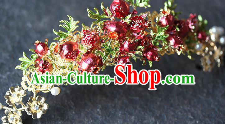 Chinese Hanfu Red Pomegranate Hair Crown Traditional Wedding Hair Accessories Ancient Bride Hair Stick