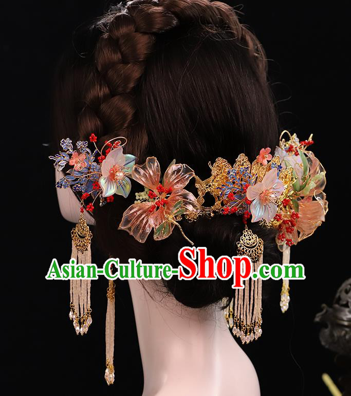 Traditional China Handmade Flowers Hair Crown Ancient Bride Tassel Hairpins Wedding Hair Ornament Full Set