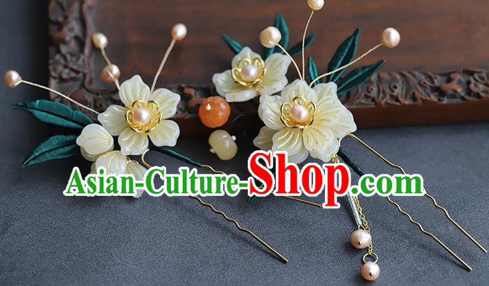 Chinese Hanfu White Plum Hairpin Traditional Wedding Hair Accessories Ancient Bride Jade Pearls Hair Stick