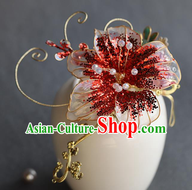 Chinese Hanfu Red Flower Hairpin Traditional Wedding Hair Accessories Ancient Bride Hair Sticks