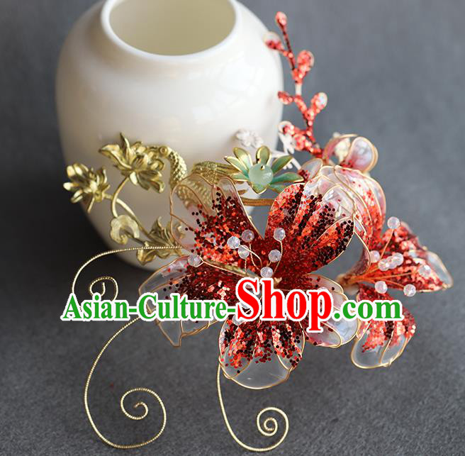 Chinese Traditional Wedding Hair Accessories Ancient Bride Hair Sticks Hanfu Red Flower Hairpin