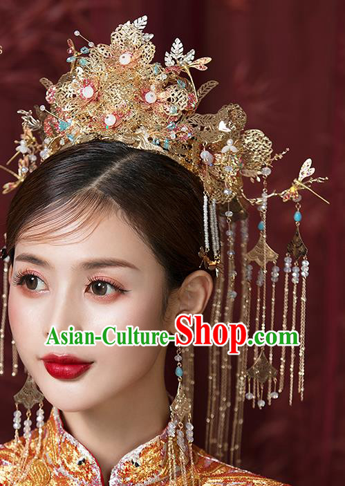 Traditional China Handmade Golden Phoenix Coronet Ancient Bride Hairpins Wedding Hair Ornament Full Set