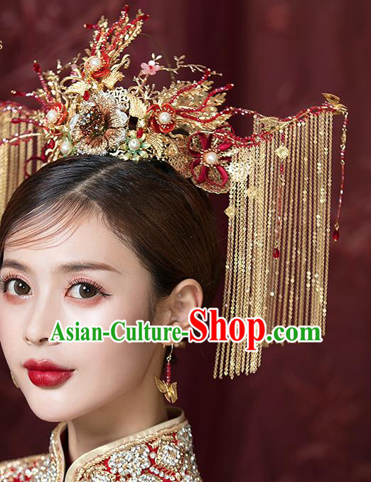 Traditional China Ancient Bride Hairpins Wedding Hair Ornament Handmade Golden Tassel Phoenix Coronet Full Set