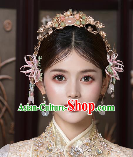 Traditional China Ancient Bride Flowers Hairpins Wedding Hair Ornament Handmade Hair Crown Full Set