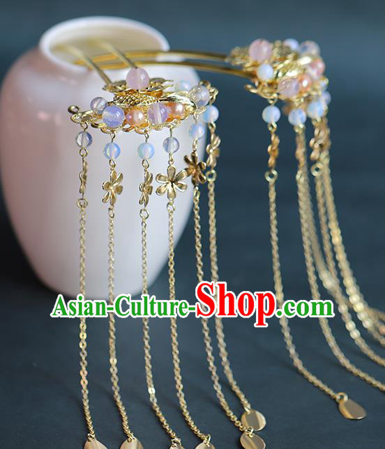 Chinese Ancient Bride Golden Tassel Hair Sticks Traditional Wedding Hair Accessories Hanfu Hairpins