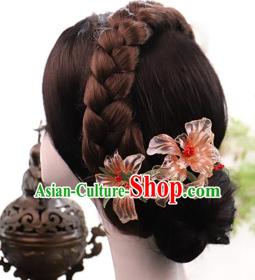 Chinese Ancient Bride Pink Lily Flowers Hair Stick Traditional Hanfu Hairpin Wedding Hair Accessories