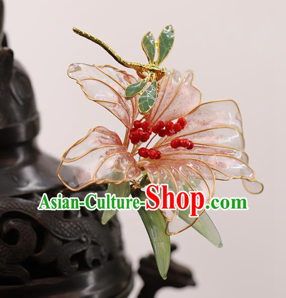 Chinese Traditional Hanfu Hairpin Wedding Hair Accessories Ancient Bride Dragonfly Pink Lily Flower Hair Stick