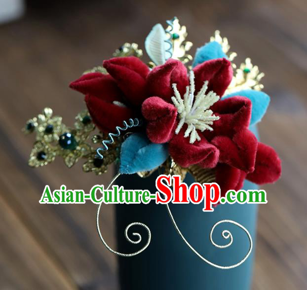 Chinese Traditional Hanfu Red Velvet Flower Hairpin Wedding Hair Accessories Ancient Bride Hair Stick