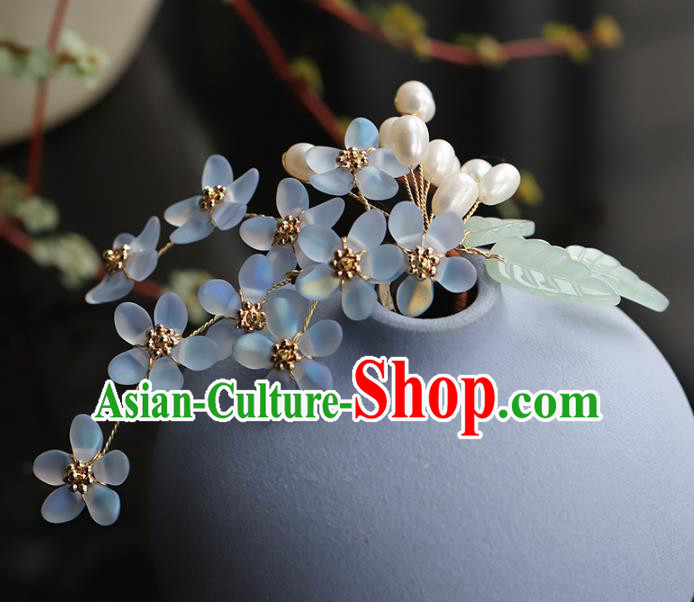 Chinese Traditional Hanfu Blue Flowers Hairpin Wedding Hair Accessories Ancient Bride Hair Stick