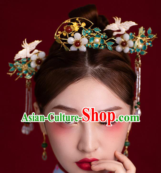 Traditional China Ancient Bride Crane Hairpins Wedding Hair Ornament Handmade Plum Hair Comb Full Set