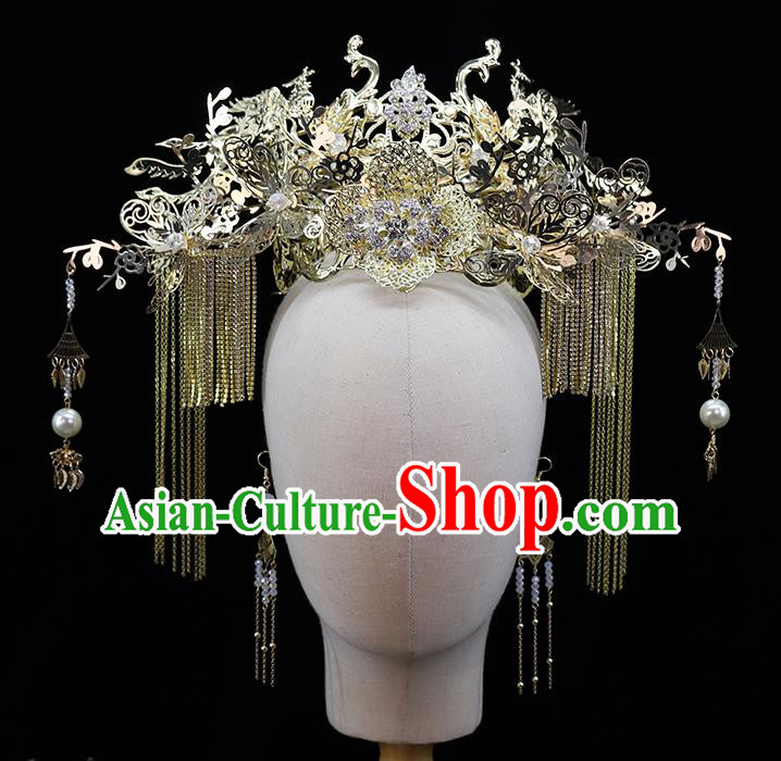 Traditional China Ancient Bride Hair Crown Hairpins Wedding Hair Ornament Handmade Golden Phoenix Coronet Full Set