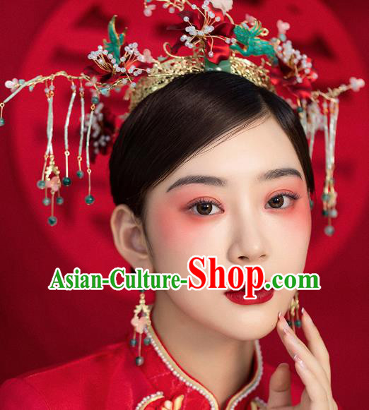 Traditional China Ancient Bride Red Flowers Hair Crown Hairpins Handmade Phoenix Coronet Wedding Hair Ornament Full Set