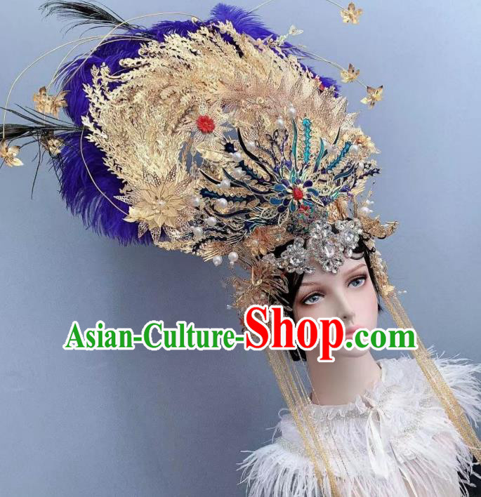 Top Grade Stage Show Blue Feather Phoenix Coronet Handmade Court Queen Deluxe Hair Crown Wedding Hair Ornament