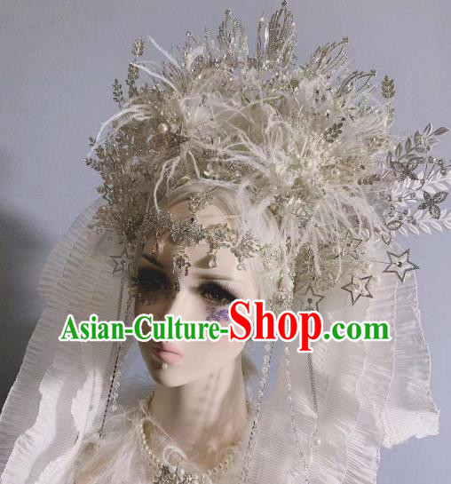 Top Grade Baroque Wedding Hair Ornament Handmade Court Queen Deluxe Hair Crown Stage Show White Feather Phoenix Coronet